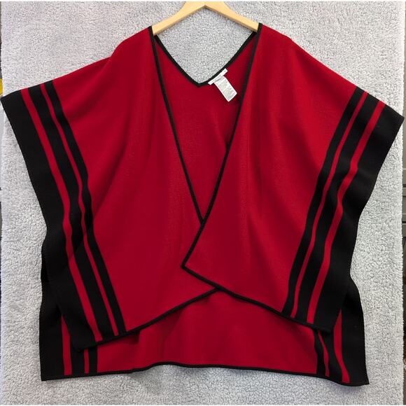 Chicos Size S/M Red Black Stripe Border Ruana Wrap Soft Chic Cozy EUC - Picture 1 of 12
